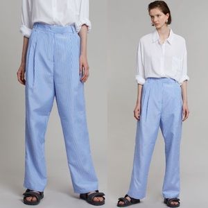 The Frankie Shop Bea Pinstriped High Rise Cotton Suit Pants in Light Blue/White
